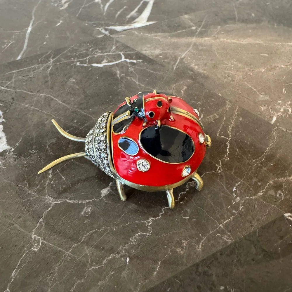 Ladybug Enameled Hinged Trinket Box Crystal Accented Red Black Gold Tone Metal